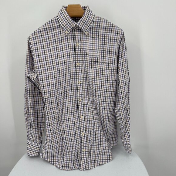 Peter Millar Mens Small Nanoluxe Easycare Checkered Purple Gray Button-Down Shir - Picture 2 of 7